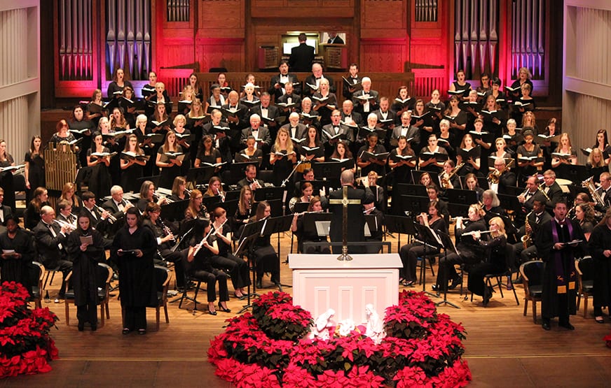 The decorated stage during a Festival of Lessons and Carols