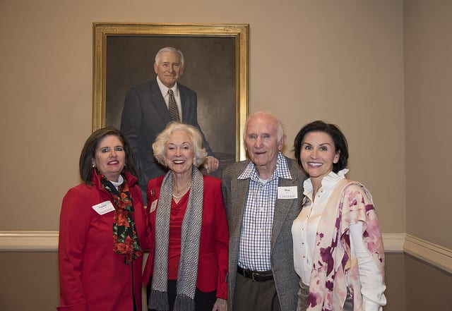 (left to right) Nancy Bain Cote '79, Cabel Mitchell '57, Don Bain, and President Krista Newkirk