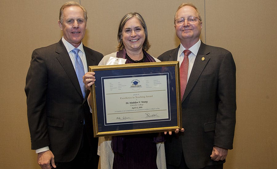 (from left to right) SCICU Board of Trustees Chairman Russell Cook, Dr. Madelyn Young, and Converse Provost Dr. Jeffrey H. Barker