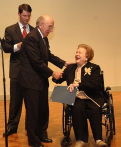 Dicksie Cribb receives the Order of the Silver Crescent Award at Converse College, presented by SC Representative Derham Cole and former dean of the Petrie School of Music Henry Janiec