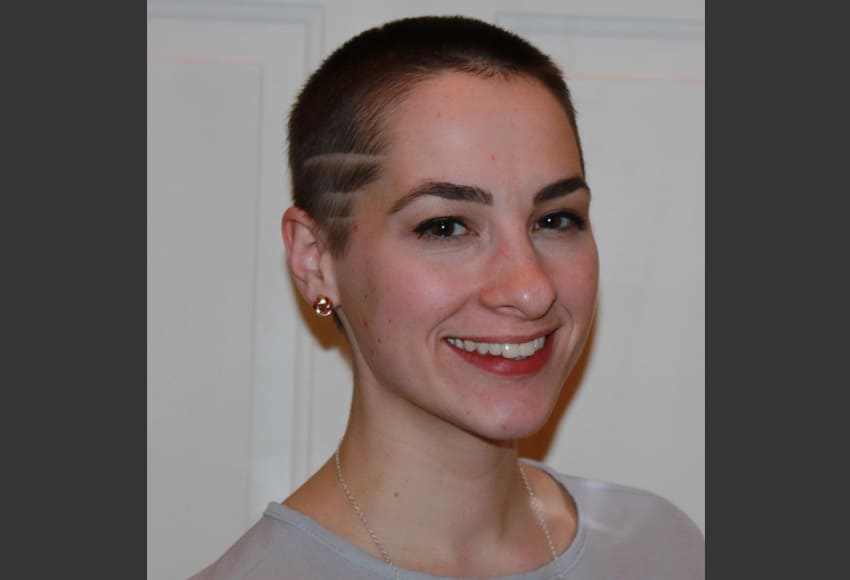Photo of Kathleen Langbehn moments after shaving her head