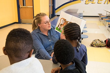 Photo of Converse student reading to Wright Elementary students