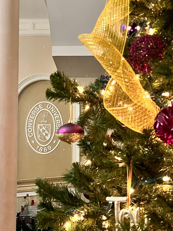 The decorated tree in the lobby of Wilson Hall on campus.