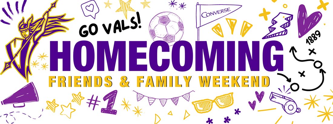 Homecoming banner with festive items in the Converse colors of yellow and purple.