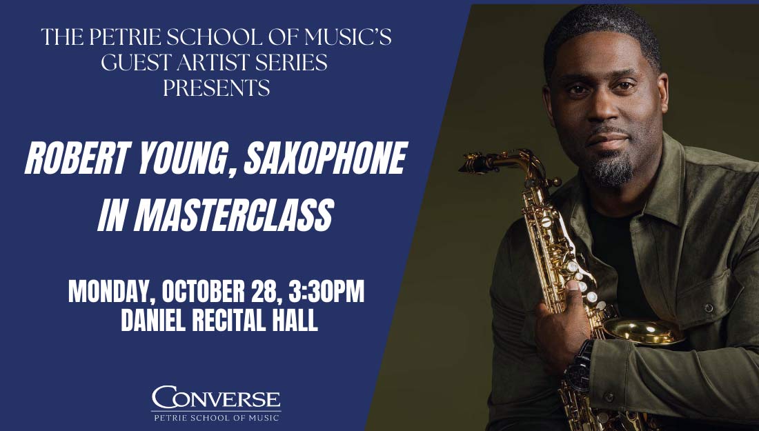 Image of Robert Young with a serious expression holding his saxophone