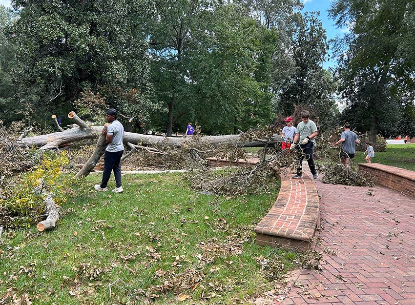 Converse students and staff clean up a large tree that fell on the front campus during Hurricane Helene in 2024.