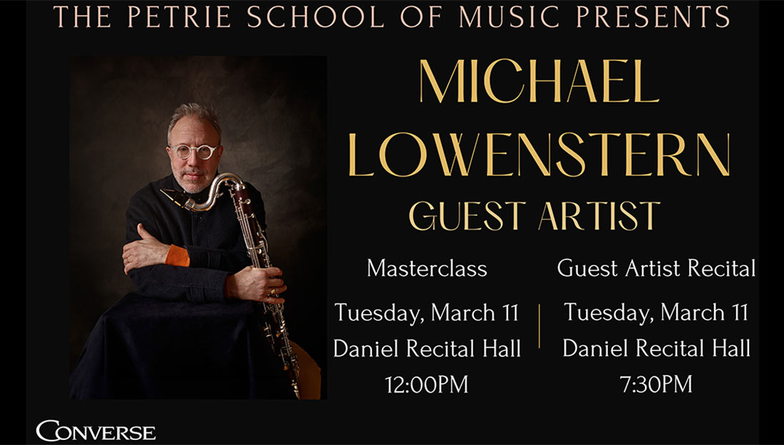 Converse Guest Artist-Michael Lowenstern sits against a dark background holding a bass clarinet