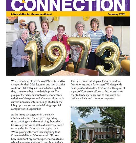 Front cover of Converse's Your Connection publication with the Class of 1973 holding up balloon numbers that read "1973"