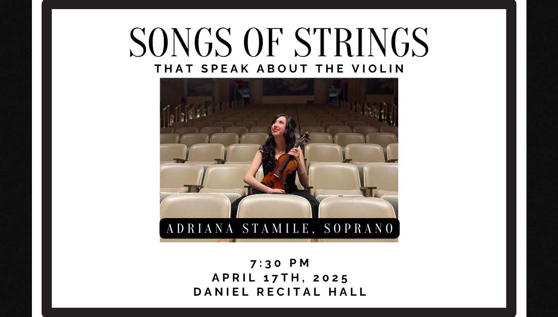 Image of Adriana with a joyous expression sitting on the top of a chair holding a violin