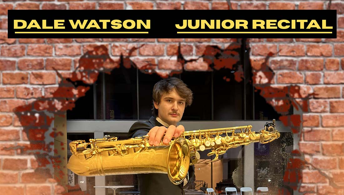 Image of Dale Watson breaking through a brick wall with a saxophone.
