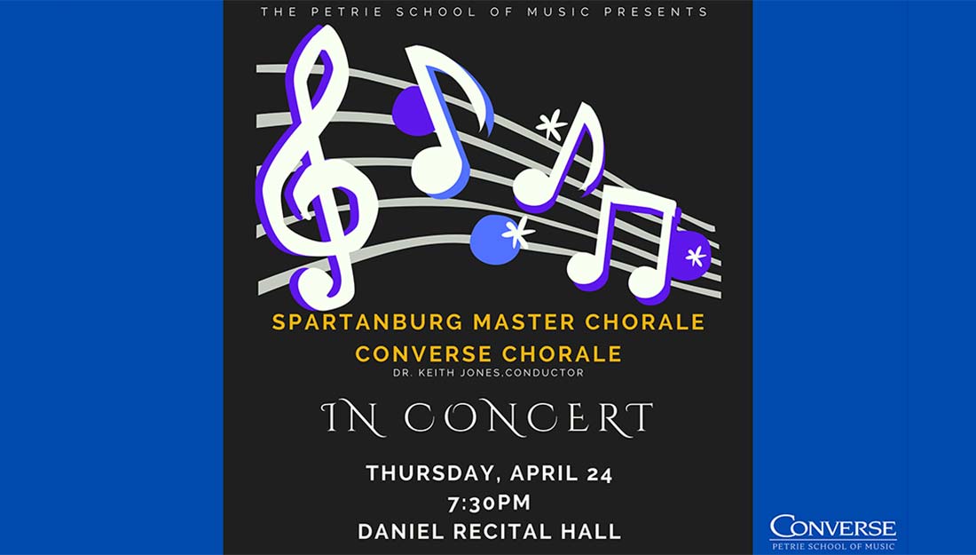 Musical notes with the text "Spartanburg Master Chorale, Converse Chorale In Concert"
