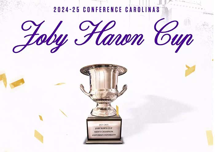 Image of an award cup with the text, "2024-2025 Conference Carolinas Joby Hawn Cup; Converse University."
