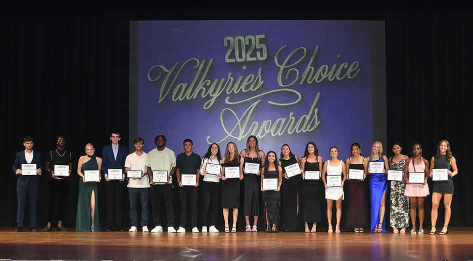 The 2025 Valkyries Choice Award recipients stand on the Twichell stage.