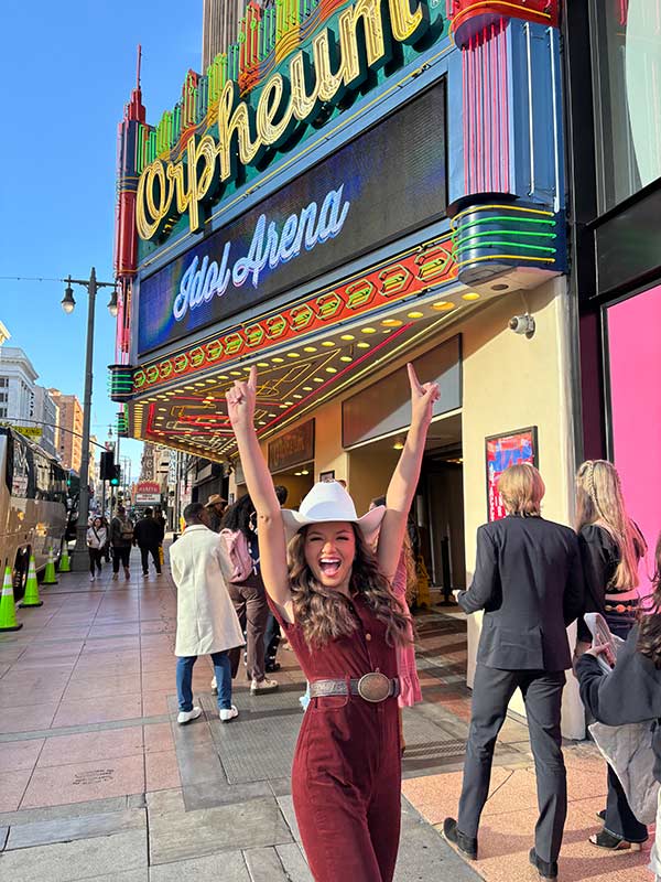 Jasmine Humphries stands outside the famous Orpheum theatre in Los Angeles.