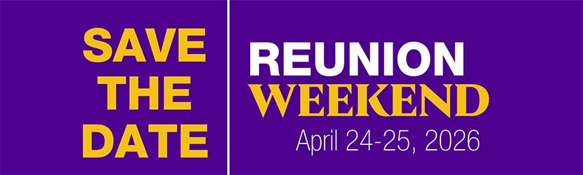 The words "Save the Date; reunion weekend; April 24-25, 2026