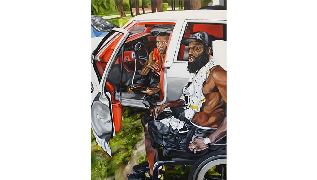 Painting of a man sitting in the driver's seat of a car with a man sitting in a wheelchair outside the car.