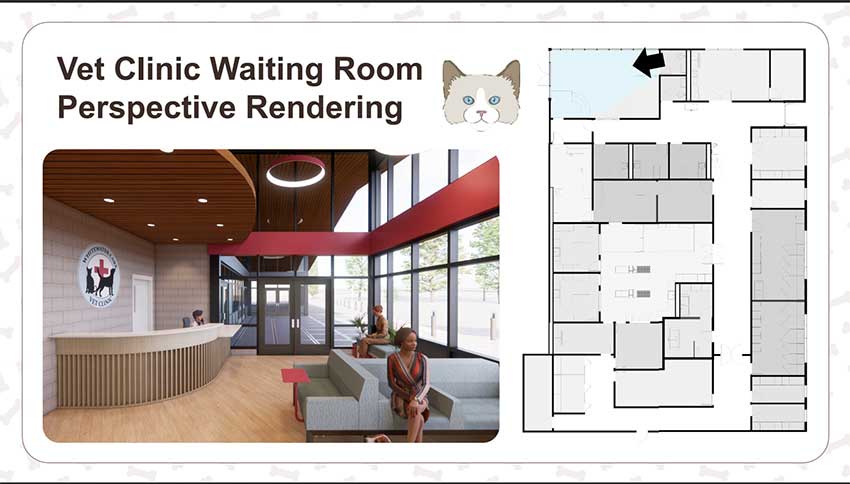 Interior view of a vet clinic waiting room with blueprints of the layout.