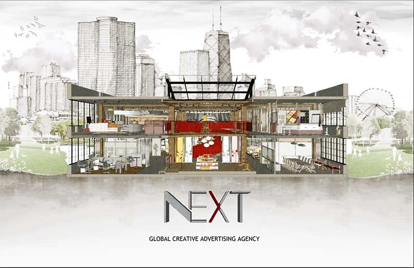 Sketch of the front of an open-faced building with a cityscape behind it.