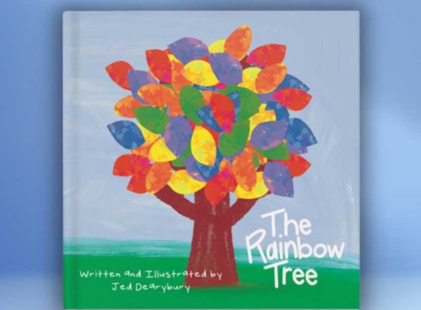 Image of the front cover of the book, The Rainbow Tree, a drawing of a tree with a variety of colorful leaves.