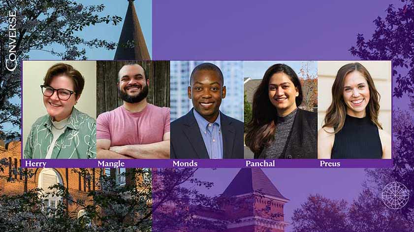 Composite of five photos of the new Converse faculty.