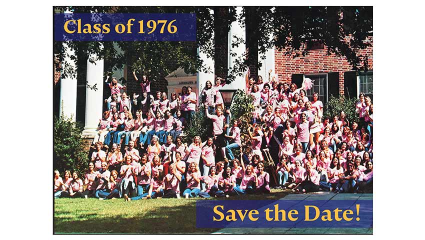 A group photo of members of the Converse Class of 1976 on campus