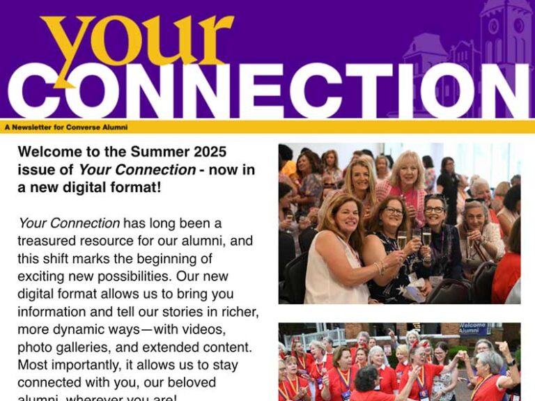 Front cover of Converse's Your Connection publication with two images of Converse alumni celebrating at Converse events.