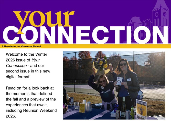 Front cover of Converse's Your Connection publication with two images of Converse alumni celebrating at Converse events.