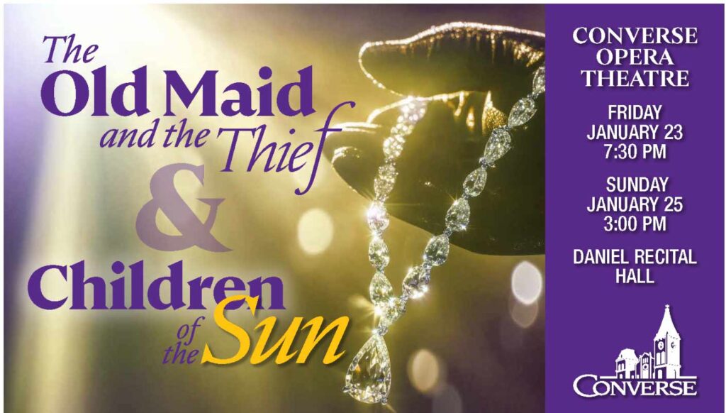 The words "The Old Maid and the Thief & Children of the Sun" against a backlit silhouette of a gloved hand holding a string of glittering large diamonds.