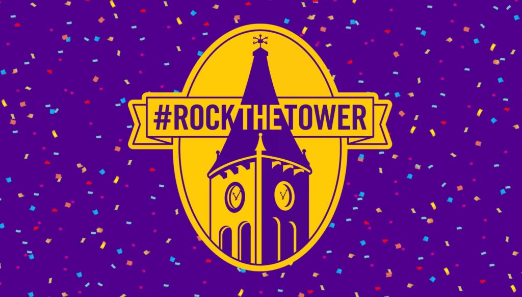 The words "Rock the tower" with confetti falling all around.