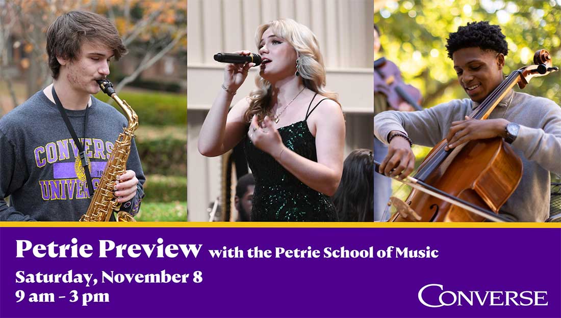 Triptych of three Converse music students performing.