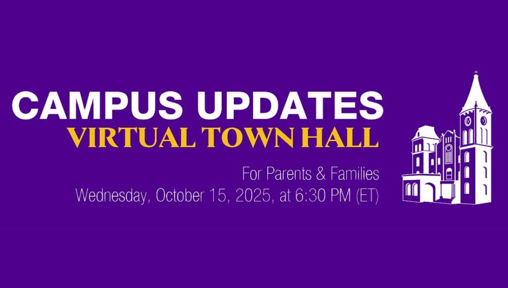 Graphic of the Wilson Hall tower with the words Campus Updates for parents and families on Zoom