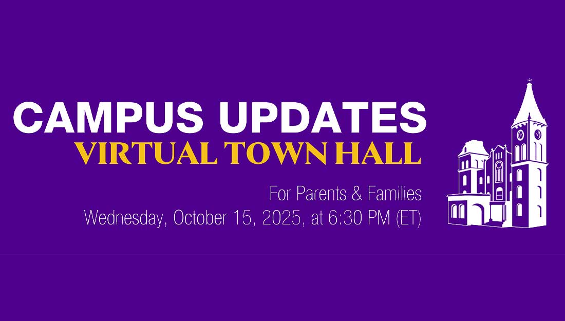 Graphic of the Wilson Hall tower with the words Campus Updates for parents and families on Zoom