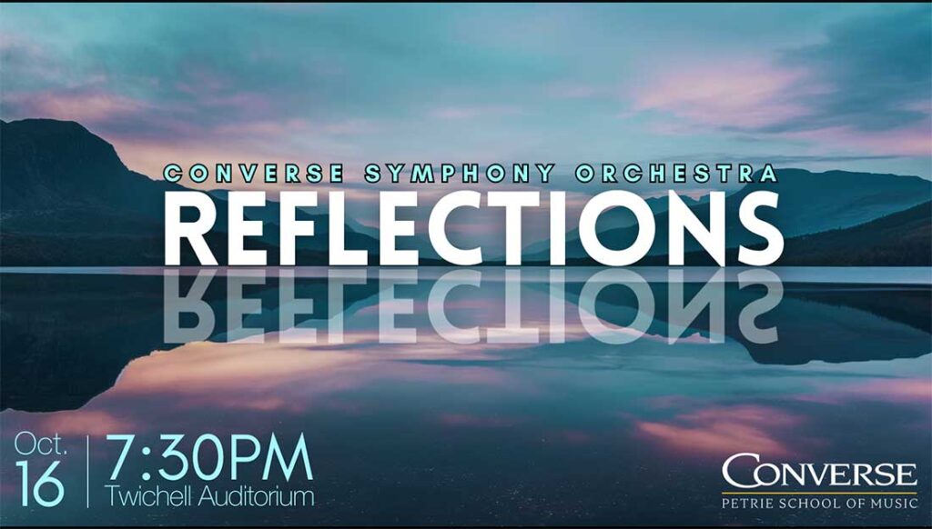 Mountains and the word "reflections" at dusk reflected in the water.