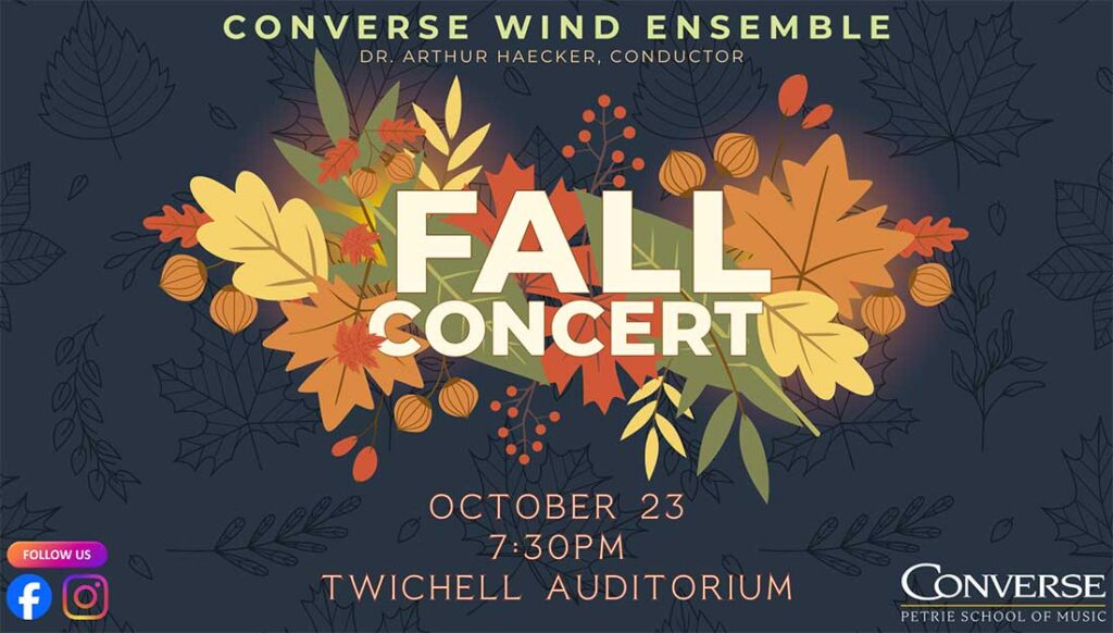 The words 'Fall concert" with a background of autumn themed leaves