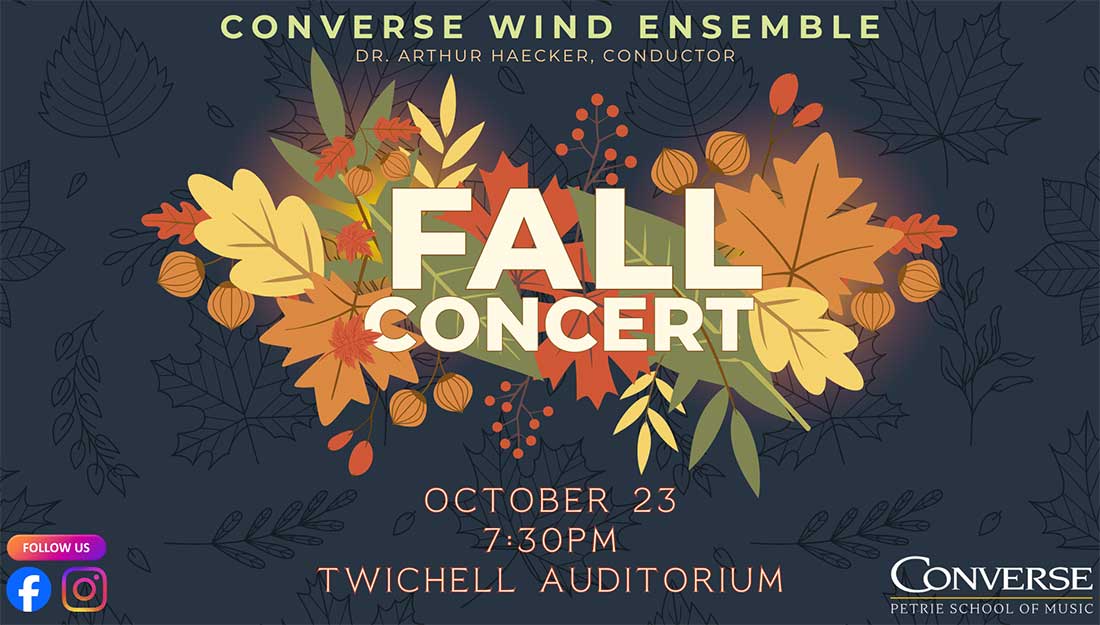 The words 'Fall concert" with a background of autumn themed leaves