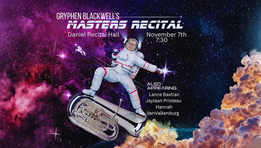 View of a student riding a tuba in space