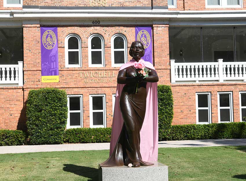 Converse's statue of Marion Anderson is decorated in pink for 2025 Opening Convocation.