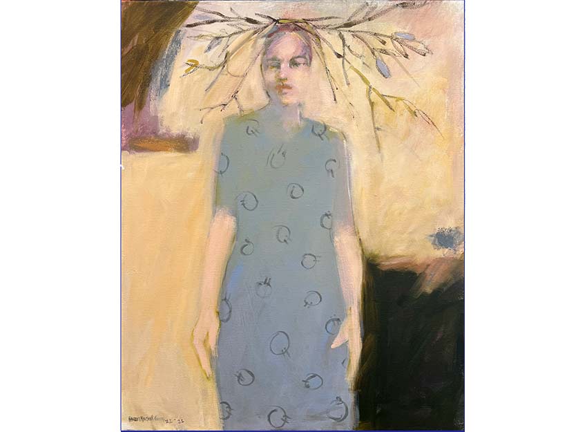 Painting of a woman in a simple dress with a headdress made of bare branches