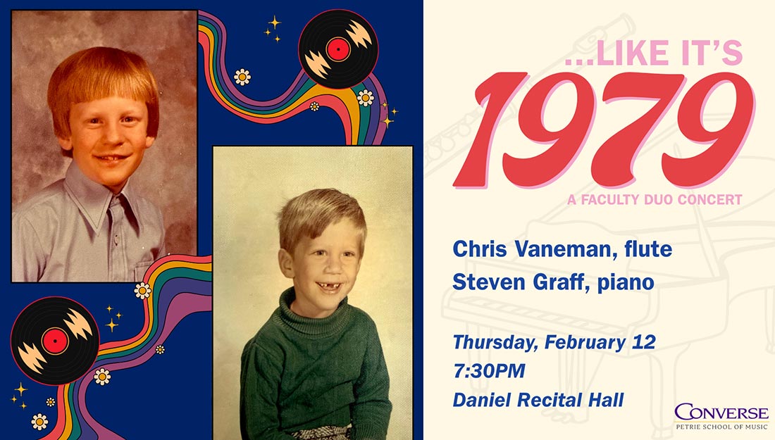 Photo of two children's photos with the text "Like it’s 1979 .Chris Vaneman, flute, Steven Graff, piano February 12 @ 7:30 pm in Daniel Recital Hall"