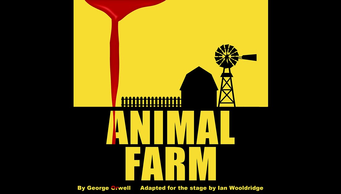 Silhouette of a barn, picket fence and windmill with blood in the foreground.