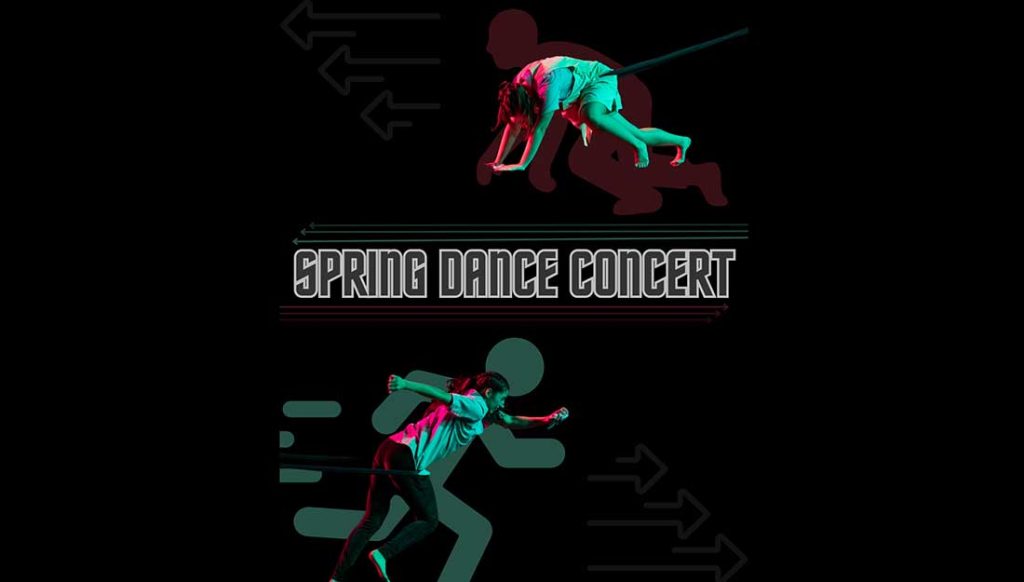 Graphic of dancers with the text 'spring dance concert'