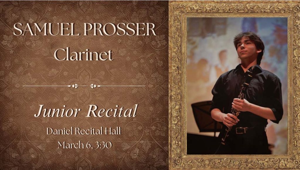 Portrait of Samuel holding a clarinet.