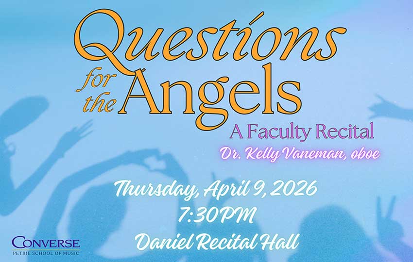 Text reads: Questions for the Angels: A Faculty Recital: Kelly Vaneman, oboe