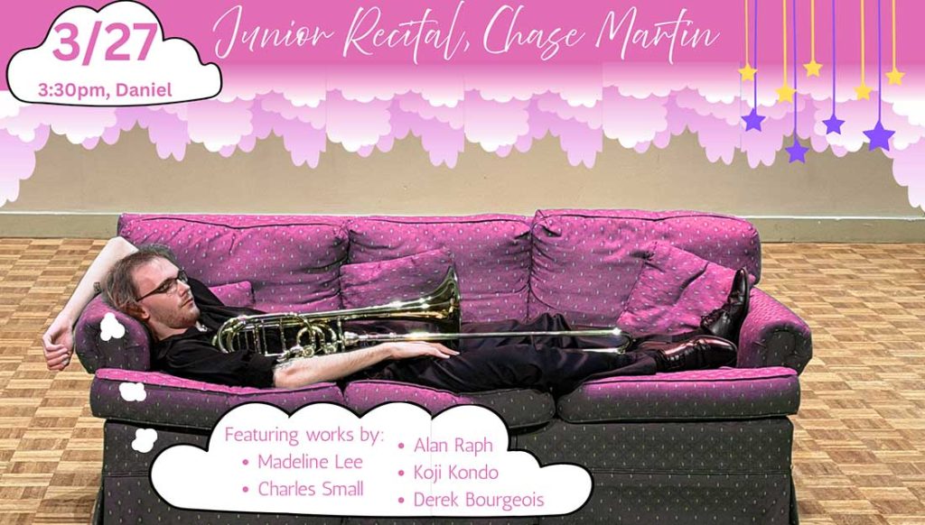 Chase Martin asleep on a couch holding a tromobne.