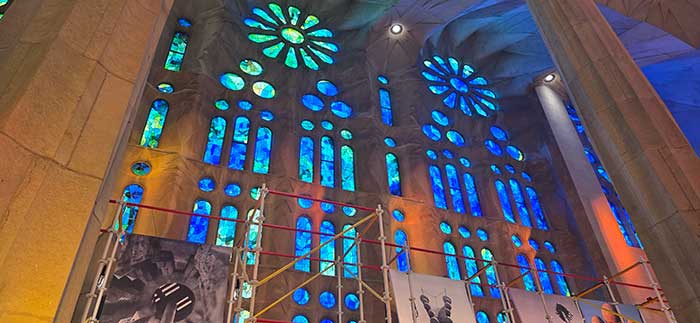 Massive stained glass window in a Spain church.
