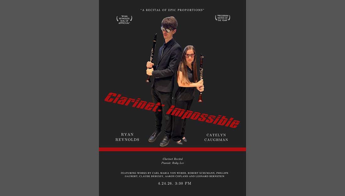 Catelyn and Ryan stand back to back holding clarinets.