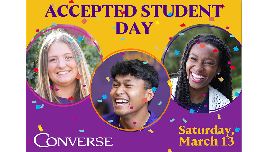 A collage of smiling college students with the text "Accepted Students Day; March 13"
