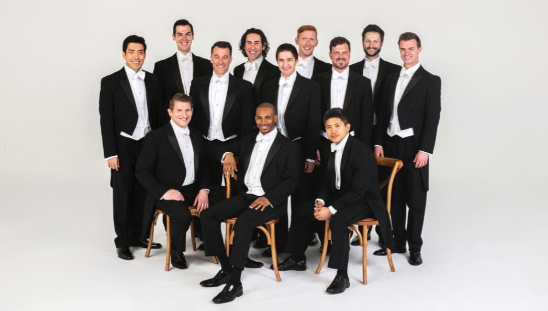 Members of Chanticleer dressed up against a bright white background