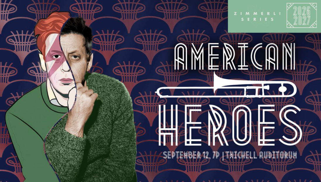 The text 'American Heroes' with a graphic of David Bowie and Leonard Bernstein's faces' blended.