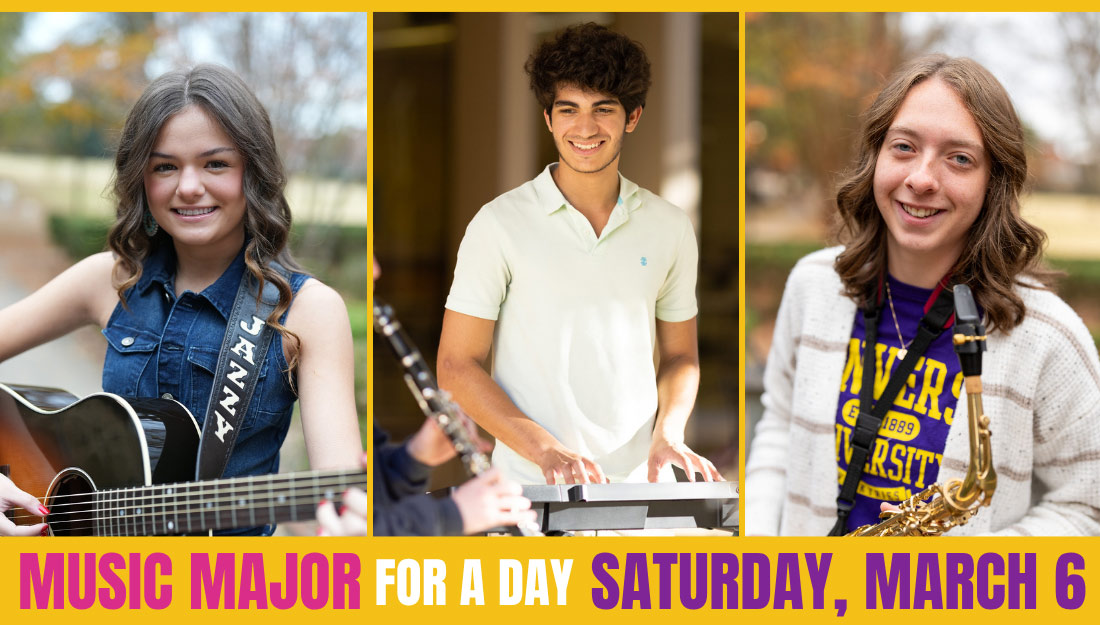 Three students holding instruments and smiling